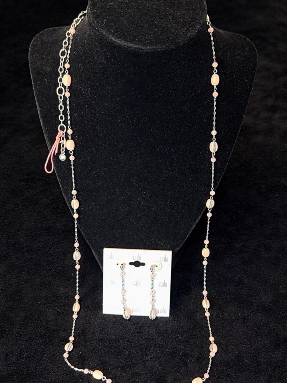 CAbi Silver Chain Necklace and Earrings with Soft Pink Beads